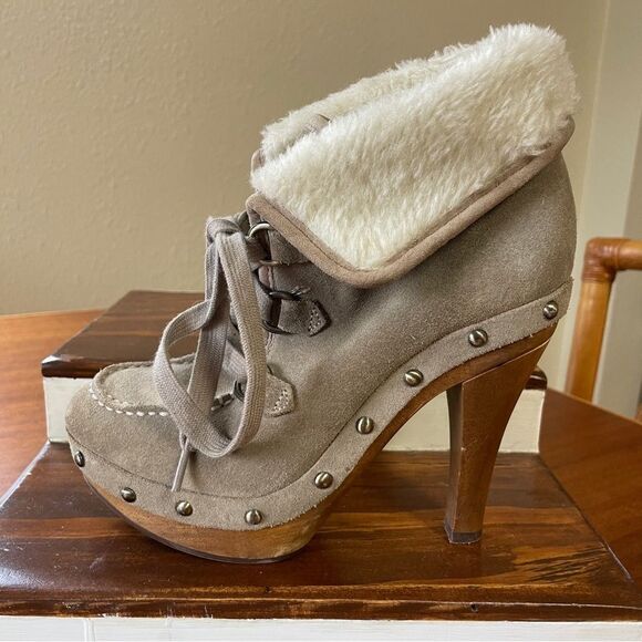 GUESS Wood Heel Platform Stiletto Boots Tan Suede Leather Cream Faux Fur sz 6.5 - Picture 5 of 13